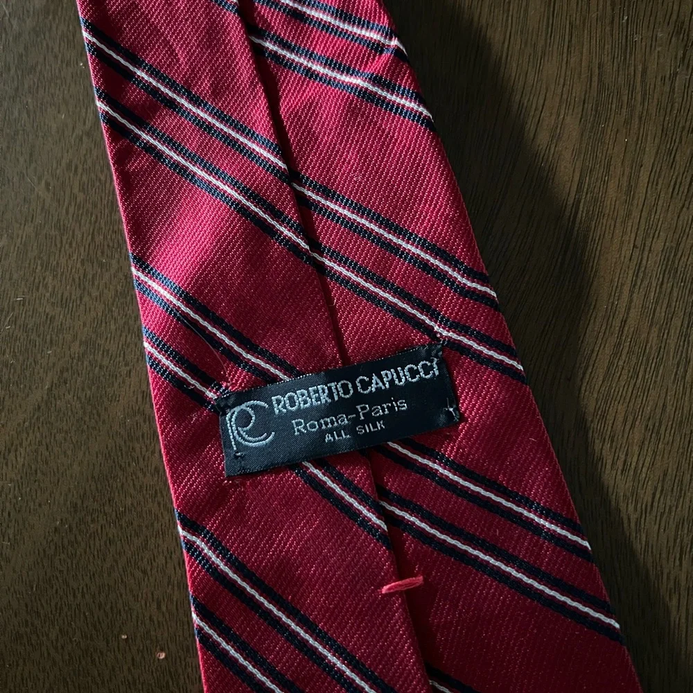 Men’s ROBERTO CAPUCCI Vintage 80s Pure Silk Classic Red Blue Striped Necktie